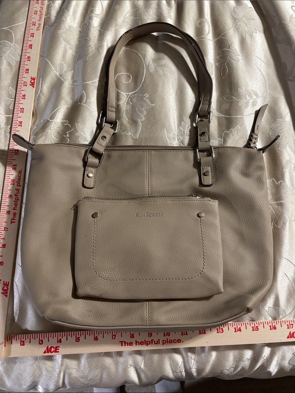 Kim Rogers Neutral Taupe Pebbled Tote with Front Zip Pocket